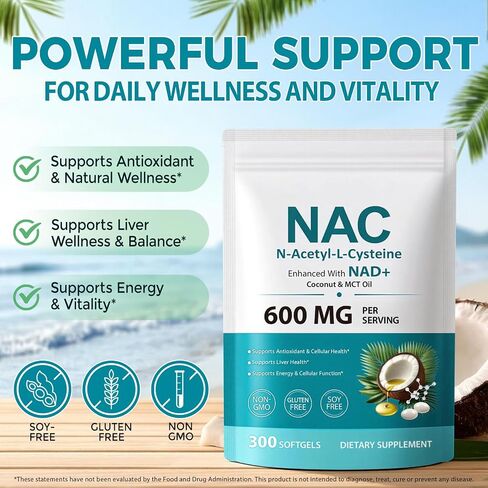 FANSHI NAC Complex with NAD+ & MCT Oil - 300 Softgels | N-Acetyl Cysteine Botanical Blend for Antioxidant Support | Enriched with Coconut Oil for High Absorption | Non-GMO & Lab Tested in Saudi Arabia