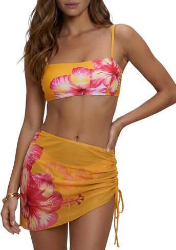 ZAFUL Womens 3 Piece Swimsuit Floral Bandeau Tie Back Bikini Sets High Cut Bathing Suit with Short Sheer Cover Up Skirt in Kuwait