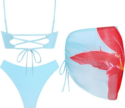 ZAFUL Womens 3 Piece Swimsuit Floral Bandeau Tie Back Bikini Sets High Cut Bathing Suit with Short Sheer Cover Up Skirt in Kuwait