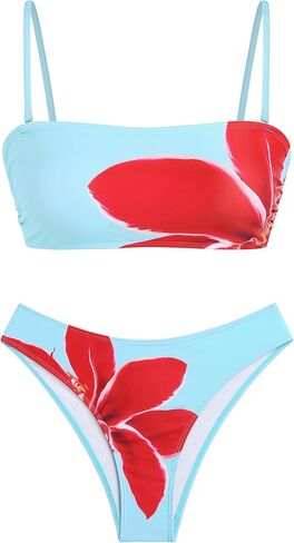 ZAFUL Womens 3 Piece Swimsuit Floral Bandeau Tie Back Bikini Sets High Cut Bathing Suit with Short Sheer Cover Up Skirt in Kuwait