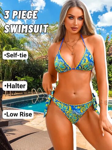 ChiaoLezhee Women 3 Piece Swimsuits, Halter Triangle Bikini Sets with Skirt Sarong Cover Up, Boho Allover Print Bathing Suit in Kuwait