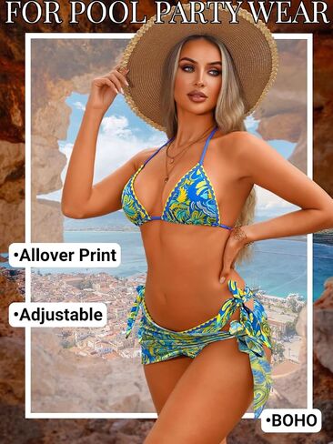 ChiaoLezhee Women 3 Piece Swimsuits, Halter Triangle Bikini Sets with Skirt Sarong Cover Up, Boho Allover Print Bathing Suit in Kuwait