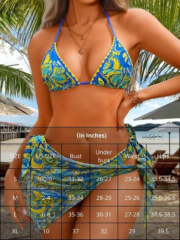 ChiaoLezhee Women 3 Piece Swimsuits, Halter Triangle Bikini Sets with Skirt Sarong Cover Up, Boho Allover Print Bathing Suit in Kuwait