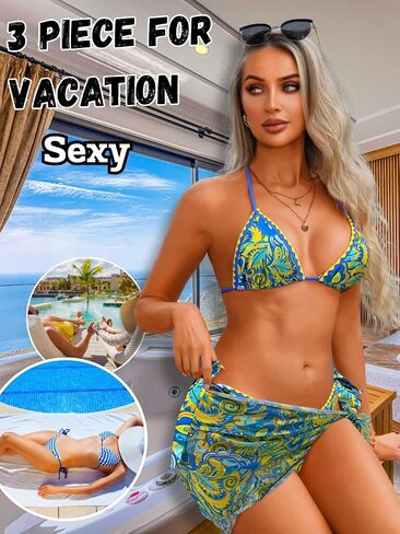 ChiaoLezhee Women 3 Piece Swimsuits, Halter Triangle Bikini Sets with Skirt Sarong Cover Up, Boho Allover Print Bathing Suit in Kuwait