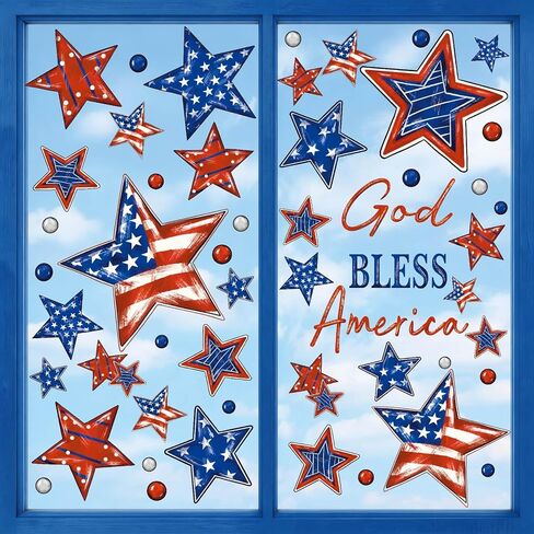 Patriotic Window Clings Red Blue Stars God Bless America Window Stickers Double-Side Glass Decals for Home Office School Independence Day Party Decor,6 Sheets in Saudi Arabia