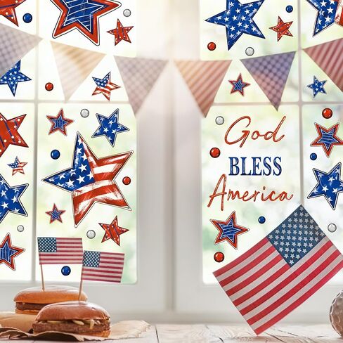 Patriotic Window Clings Red Blue Stars God Bless America Window Stickers Double-Side Glass Decals for Home Office School Independence Day Party Decor,6 Sheets in Saudi Arabia