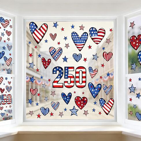 6 Sheets 250 Anniversary Window Clings Decorations 4th of July Window Stickers Reusable PVC Static Cling Summer American Flag Window Decorations for Home, Office, Classroom & Party Windows in Saudi Arabia
