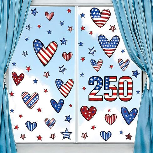 6 Sheets 250 Anniversary Window Clings Decorations 4th of July Window Stickers Reusable PVC Static Cling Summer American Flag Window Decorations for Home, Office, Classroom & Party Windows in Saudi Arabia