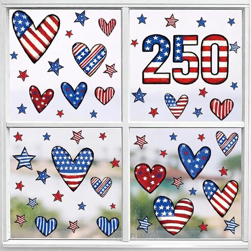 6 Sheets 250 Anniversary Window Clings Decorations 4th of July Window Stickers Reusable PVC Static Cling Summer American Flag Window Decorations for Home, Office, Classroom & Party Windows in Saudi Arabia
