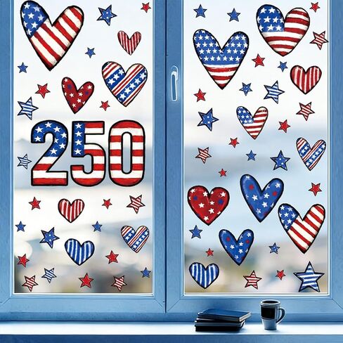6 Sheets 250 Anniversary Window Clings Decorations 4th of July Window Stickers Reusable PVC Static Cling Summer American Flag Window Decorations for Home, Office, Classroom & Party Windows in Saudi Arabia