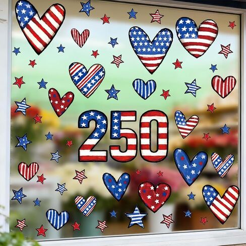 6 Sheets 250 Anniversary Window Clings Decorations 4th of July Window Stickers Reusable PVC Static Cling Summer American Flag Window Decorations for Home, Office, Classroom & Party Windows in Saudi Arabia