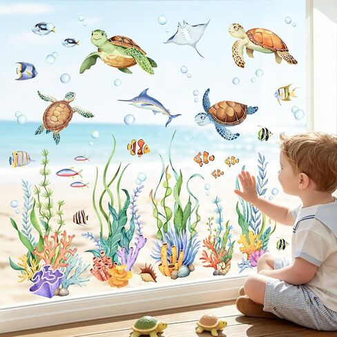Supzone Sea Turtle Window Clings Under The Sea Seaweed Ocean Fish Summer Window Decals Anti-Collision Double-Sided Static Stickers for Kids Bathroom Bedroom Sliding Glass Doors in Kuwait