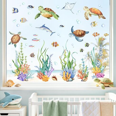 Supzone Sea Turtle Window Clings Under The Sea Seaweed Ocean Fish Summer Window Decals Anti-Collision Double-Sided Static Stickers for Kids Bathroom Bedroom Sliding Glass Doors in Kuwait