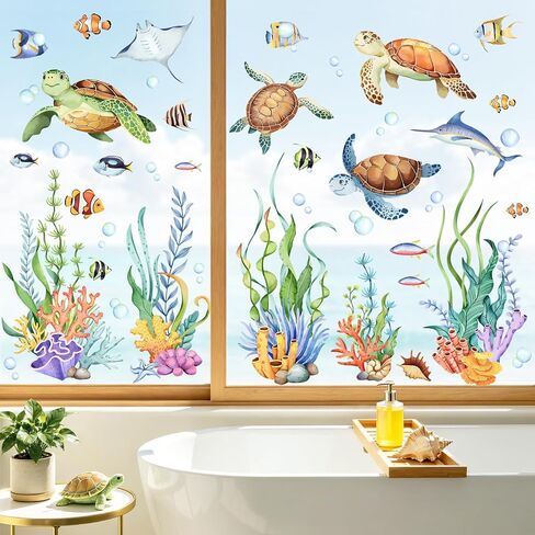 Supzone Sea Turtle Window Clings Under The Sea Seaweed Ocean Fish Summer Window Decals Anti-Collision Double-Sided Static Stickers for Kids Bathroom Bedroom Sliding Glass Doors in Kuwait