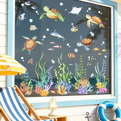 Supzone Sea Turtle Window Clings Under The Sea Seaweed Ocean Fish Summer Window Decals Anti-Collision Double-Sided Static Stickers for Kids Bathroom Bedroom Sliding Glass Doors in Kuwait