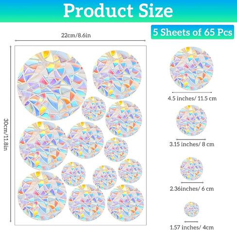 65Pcs Circle Window Stickers Non Adhesive Window Decals to Prevent Bird Strikes Vinyl Reusable Prism Rainbow Windows Clings for Birds Sun Catcher Sticker in Saudi Arabia