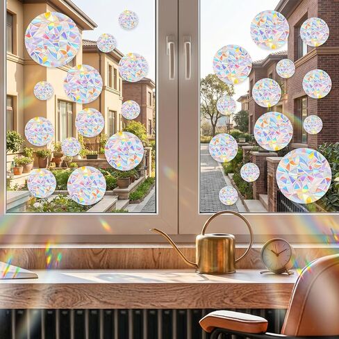 65Pcs Circle Window Stickers Non Adhesive Window Decals to Prevent Bird Strikes Vinyl Reusable Prism Rainbow Windows Clings for Birds Sun Catcher Sticker in Saudi Arabia