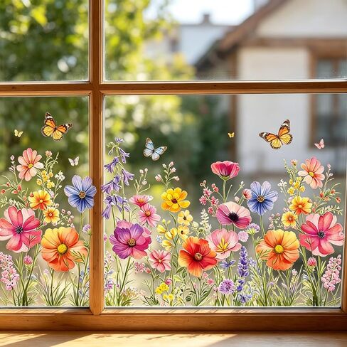 ملصقات نافذة على شكل زهرة برية بألوان مائية زهرية، Calcomanias para Decoracion الربيع والصيف ديكور فني للنافذة للنوافذ الزجاجية وغرفة النوم وغرفة المعيشة، 23.62 بوصة × 11.81 بوصة in Kuwait