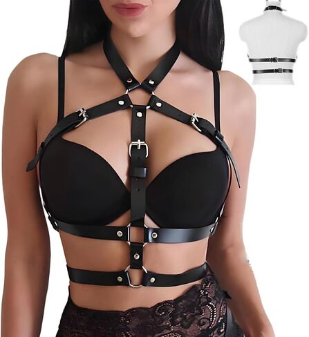 Punk Black Leather Chest Harness for Women, Gothic Body Harness Belt with Adjustable Pu Leather Chains, Sexy Waist Body Chain Jewelry for Rave, Club Party, Halloween Costume Accessories in Saudi Arabia