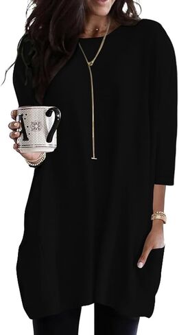 Poetsky Womens 3/4 Sleeve Tunics or Tops to Wear with Leggings Long Shirts Blouses with Pockets S-3XL in Kuwait