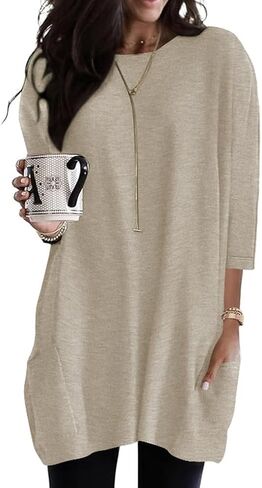 Poetsky Womens 3/4 Sleeve Tunics or Tops to Wear with Leggings Long Shirts Blouses with Pockets S-3XL in Kuwait