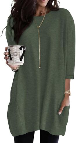Poetsky Womens 3/4 Sleeve Tunics or Tops to Wear with Leggings Long Shirts Blouses with Pockets S-3XL in Kuwait