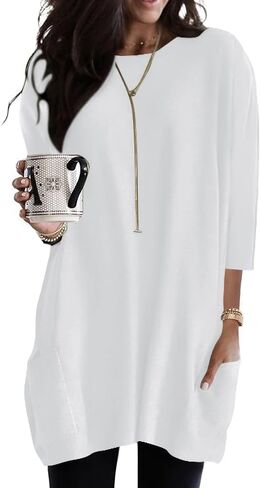Poetsky Womens 3/4 Sleeve Tunics or Tops to Wear with Leggings Long Shirts Blouses with Pockets S-3XL in Kuwait