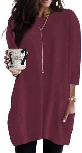 Poetsky Womens 3/4 Sleeve Tunics or Tops to Wear with Leggings Long Shirts Blouses with Pockets S-3XL in Kuwait