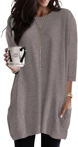 Poetsky Womens 3/4 Sleeve Tunics or Tops to Wear with Leggings Long Shirts Blouses with Pockets S-3XL in Kuwait