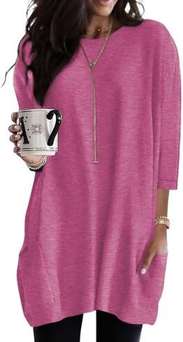 Poetsky Womens 3/4 Sleeve Tunics or Tops to Wear with Leggings Long Shirts Blouses with Pockets S-3XL in Kuwait