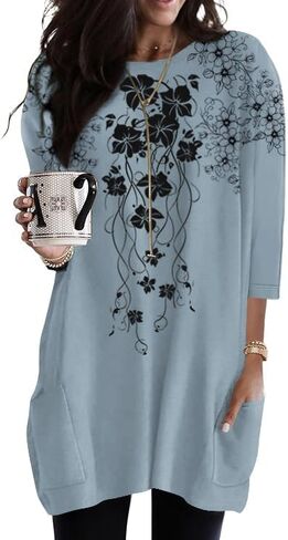 Poetsky Womens 3/4 Sleeve Tunics or Tops to Wear with Leggings Long Shirts Blouses with Pockets S-3XL in Kuwait