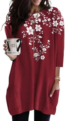 Poetsky Womens 3/4 Sleeve Tunics or Tops to Wear with Leggings Long Shirts Blouses with Pockets S-3XL in Kuwait