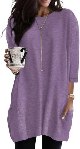 Poetsky Womens 3/4 Sleeve Tunics or Tops to Wear with Leggings Long Shirts Blouses with Pockets S-3XL in Kuwait