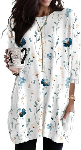 Poetsky Womens 3/4 Sleeve Tunics or Tops to Wear with Leggings Long Shirts Blouses with Pockets S-3XL in Kuwait