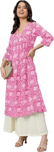 Janasya Indian Women's Cotton Pink Floral Print Casual Wear Kurta for Women in Kuwait