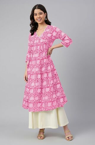 Janasya Indian Women's Cotton Pink Floral Print Casual Wear Kurta for Women in Kuwait