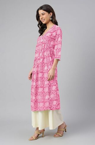 Janasya Indian Women's Cotton Pink Floral Print Casual Wear Kurta for Women in Kuwait