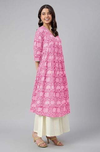 Janasya Indian Women's Cotton Pink Floral Print Casual Wear Kurta for Women in Kuwait