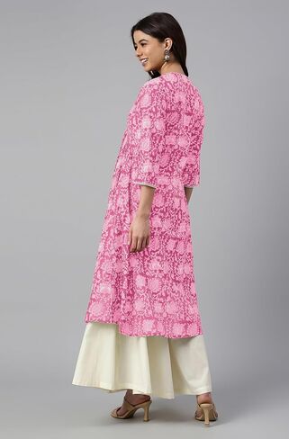 Janasya Indian Women's Cotton Pink Floral Print Casual Wear Kurta for Women in Kuwait