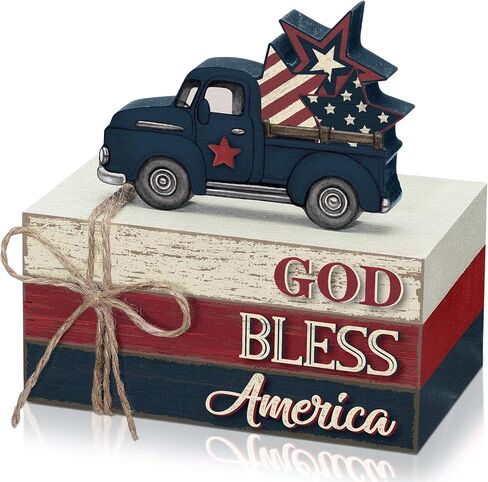 Yuntau 4 Pcs 4th of July Patriotic Table Decor Gold Bless America Wood Signs Farmhouse Red White Blue Book Stacked 250th Anniversary Independence Day Tabletop Centerpiece Decor for Home Indoor Office in Kuwait