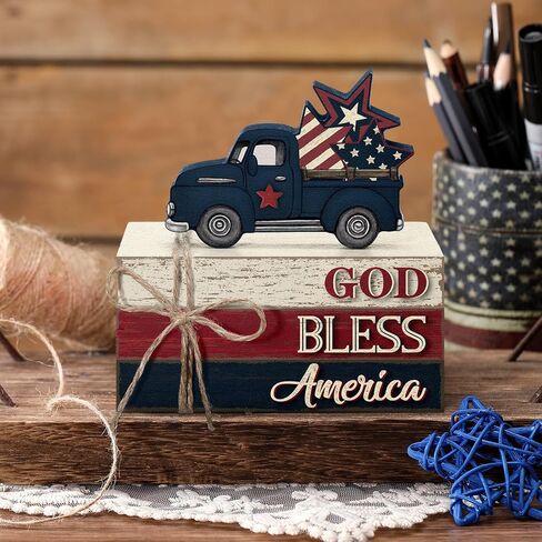 Yuntau 4 Pcs 4th of July Patriotic Table Decor Gold Bless America Wood Signs Farmhouse Red White Blue Book Stacked 250th Anniversary Independence Day Tabletop Centerpiece Decor for Home Indoor Office in Kuwait