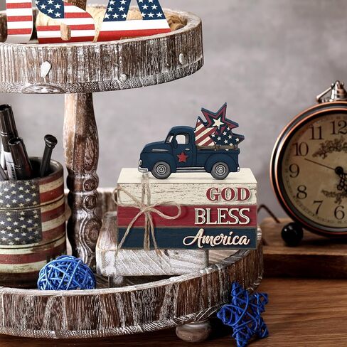 Yuntau 4 Pcs 4th of July Patriotic Table Decor Gold Bless America Wood Signs Farmhouse Red White Blue Book Stacked 250th Anniversary Independence Day Tabletop Centerpiece Decor for Home Indoor Office in Kuwait