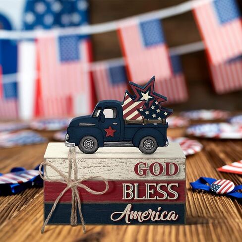 Yuntau 4 Pcs 4th of July Patriotic Table Decor Gold Bless America Wood Signs Farmhouse Red White Blue Book Stacked 250th Anniversary Independence Day Tabletop Centerpiece Decor for Home Indoor Office in Kuwait