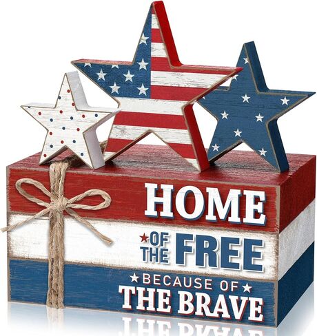Yuntau 4 Pcs 4th of July Patriotic Table Decor Gold Bless America Wood Signs Farmhouse Red White Blue Book Stacked 250th Anniversary Independence Day Tabletop Centerpiece Decor for Home Indoor Office in Kuwait