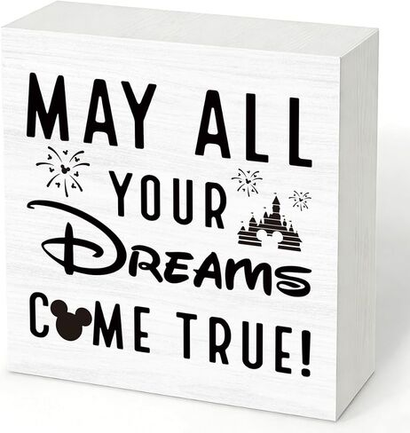 Mouse Theme Inspirational Wood Box Sign, May All Your Dreams Come True, Desk Decor for Home Office, Farmhouse Tabletop Plaque, Kawaii Gift for Friend Coworker in Saudi Arabia