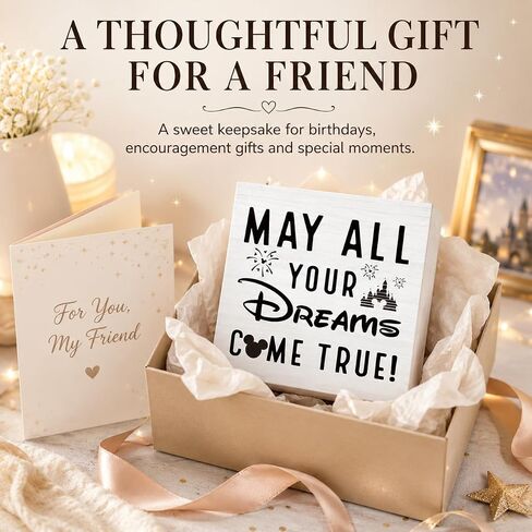 Mouse Theme Inspirational Wood Box Sign, May All Your Dreams Come True, Desk Decor for Home Office, Farmhouse Tabletop Plaque, Kawaii Gift for Friend Coworker in Saudi Arabia