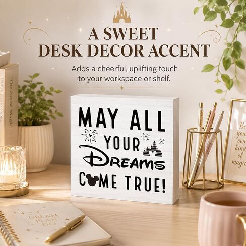 Mouse Theme Inspirational Wood Box Sign, May All Your Dreams Come True, Desk Decor for Home Office, Farmhouse Tabletop Plaque, Kawaii Gift for Friend Coworker in Saudi Arabia