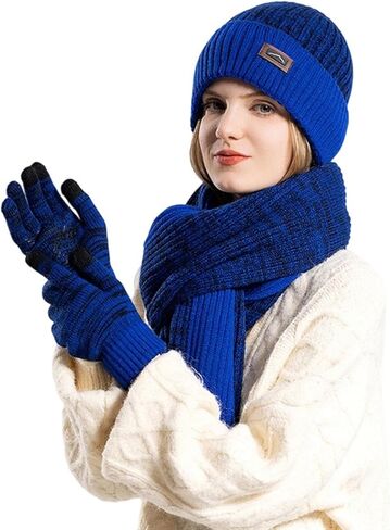 Womens Winter Warm Knit Beanie Hat Touchscreen Gloves Long Scarf Set Skull Cap Unisex Adult Royal Blue in Saudi Arabia