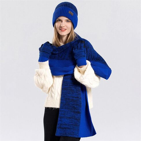 Womens Winter Warm Knit Beanie Hat Touchscreen Gloves Long Scarf Set Skull Cap Unisex Adult Royal Blue in Saudi Arabia