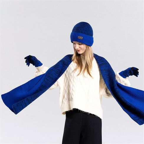 Womens Winter Warm Knit Beanie Hat Touchscreen Gloves Long Scarf Set Skull Cap Unisex Adult Royal Blue in Saudi Arabia